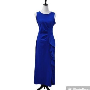 Alexa B Solid Blue Sleeveless Maxi Dress Ruffle Open Leg Back Zipper Size 8